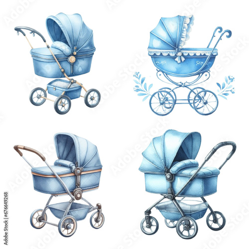 Blue stroller for baby boy.Watercolor hand drawn illustrations isolated on white background photo
