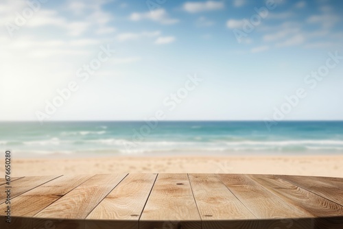 Wooden table over blur tropical beach background, product display montage