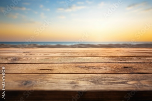Wooden table over blur tropical beach background  product display montage