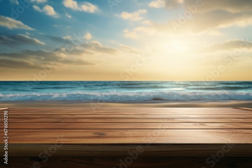 Wooden table over blur tropical beach background, product display montage photo