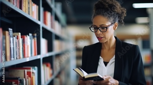 African American woman teacher with glasses studies material in textbook standing near shelves in library. Lady professor at university gains knowledge from book. Personality improvement at middle age photo