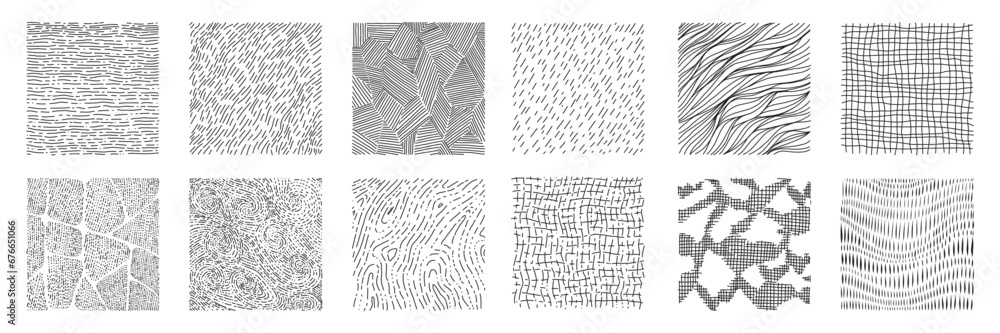 Hand drawn hatching line texture set. Crosshatch, wood, rain, stippling. Freehand stroke doodle shape. Pencil draw vector illustration.	
