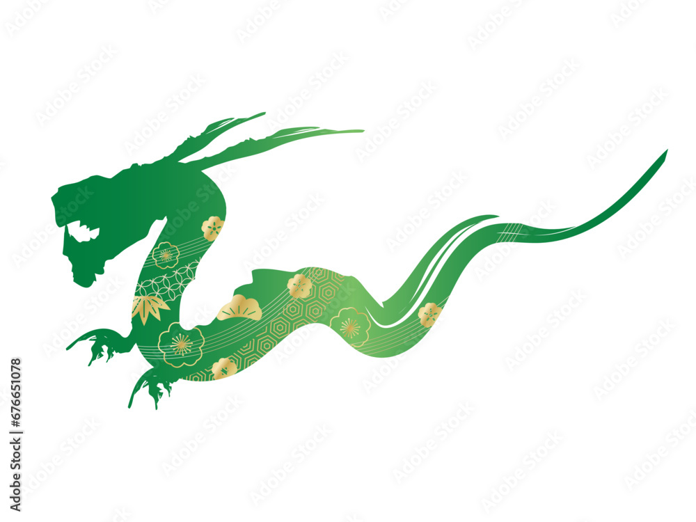 Obraz premium 辰年の龍の緑色のシルエット 金色の和風の伝統文様のアイコン