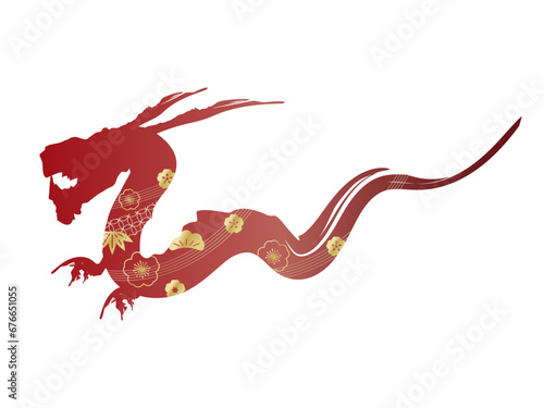 辰年の龍の赤色のシルエット 金色の和風の伝統文様のアイコン