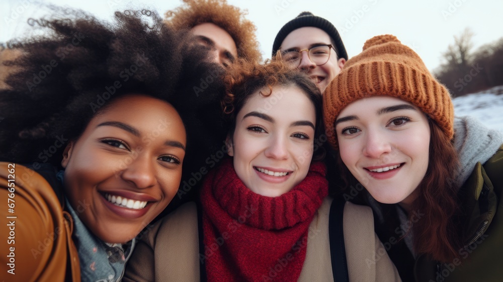 a group of young multiracial friends smile as they take a selfie enjoying their friendship and positive attitude towards a more inclusive life. a group of young multiracial friends smile as they take a selfie enjoying their friendship and positive attitude towards a more inclusive life.