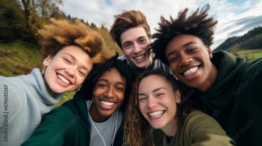 a group of young multiracial friends smile as they take a selfie enjoying their friendship and positive attitude towards a more inclusive life. a group of young multiracial friends smile as they take a selfie enjoying their friendship and positive attitude towards a more inclusive life.