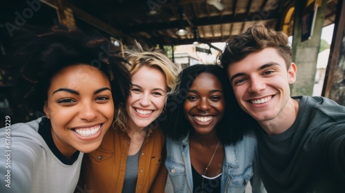 a group of young multiracial friends smile as they take a selfie enjoying their friendship and positive attitude towards a more inclusive life.  © Panyamethi