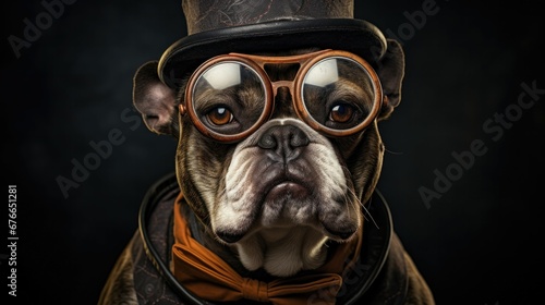 Dapper bulldog sports a monocle and a top hat. National dress up your pet day concept. © Manyapha