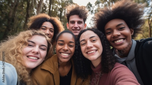 a group of young multiracial friends smile as they take a selfie enjoying their friendship and positive attitude towards a more inclusive life. 