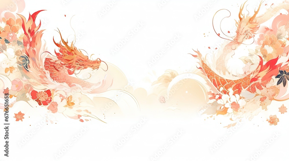 Template Background of Chinese New Year of Dragon Loong Illustration Lunar Calendar 2024 with Copy Space Happy Prosperous CNY Kung Hei Fat Choi Gong Xi Fa Cai for Powerpoint PPT Presentation Slides - obrazy, fototapety, plakaty 