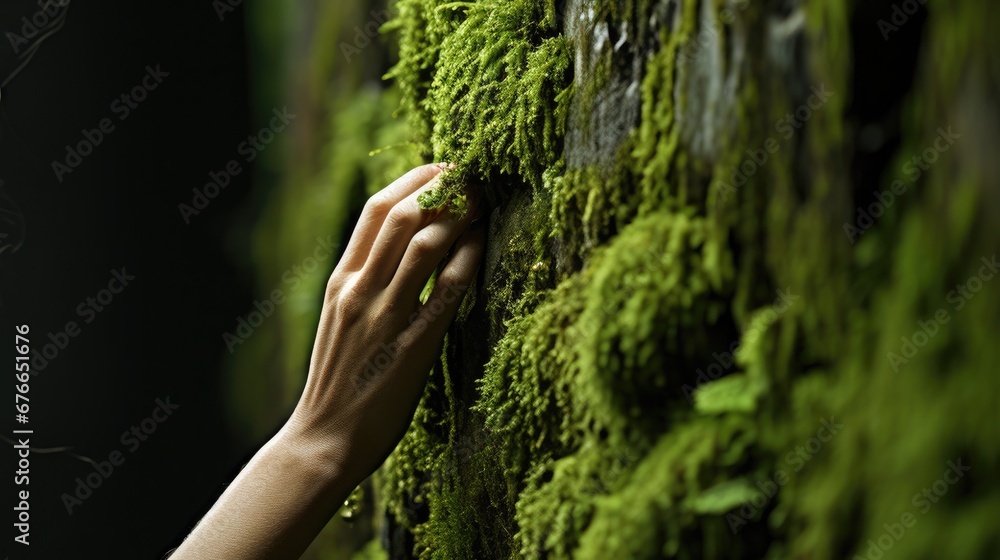 Hand of woman tuch on the green moss that growing on the wall