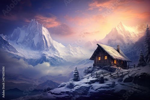 An isolated house on the snowy mountain during the sunset in winter