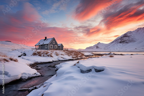 An isolated house on the snowy mountain during the sunset in winter © grey