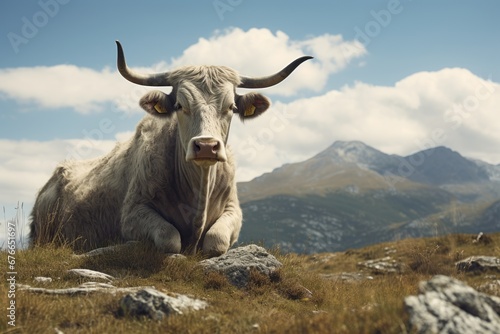 Alpine cattle on a barren mountain meadow in Austria  Generative Ai © Moonpie