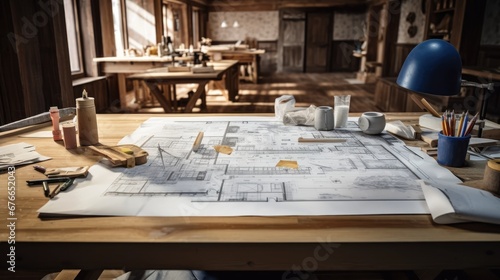 The blueprints of a residence on a worktable during the renovation  construction in progress. Generative ai