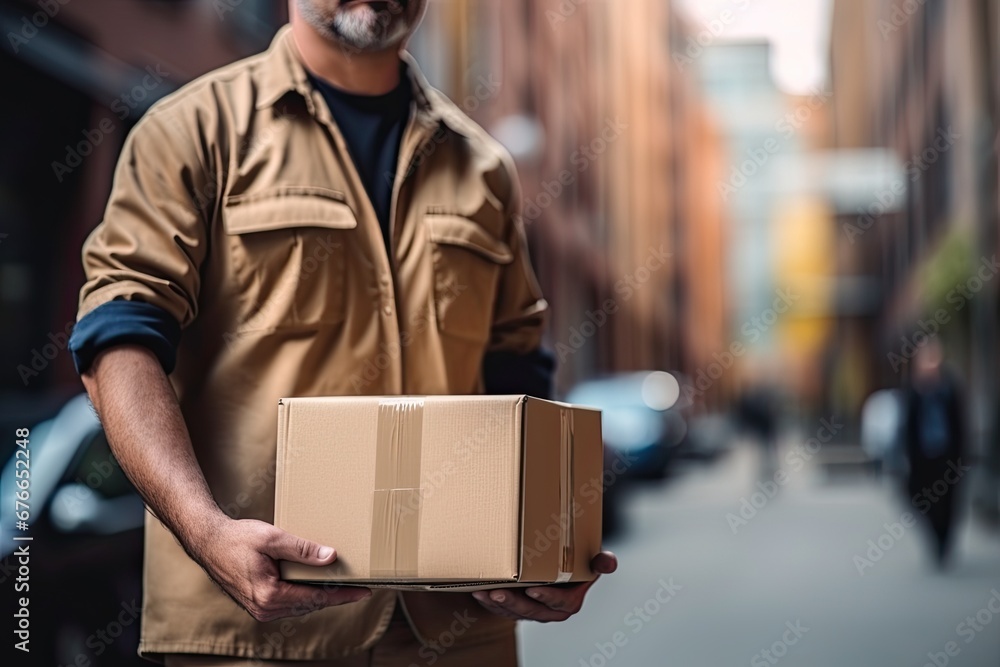 The concept of a home delivery service. Portrait of an unrecognized young courier delivering a large cardboard box in protective gloves. Generated by AI.