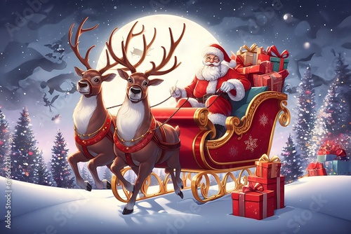 Santa Claus with reindeer sleigh with presents and reindeers