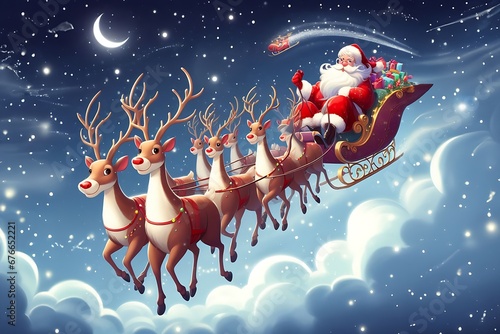 Santa Claus in sleigh pulled by reindeers. Christmas illustration.