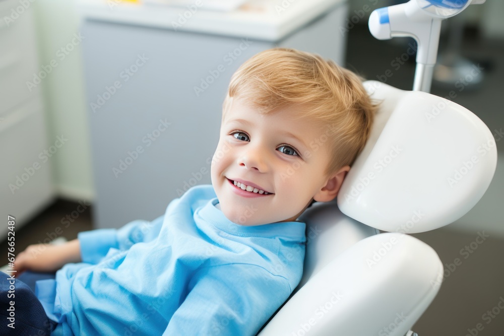 Photo of a smiling happy little Scandinavian boy sitting in a chair in a dental office. He is waiting for the dentist for an oral procedure. Photo of a smiling happy little Scandinavian boy sitting in a chair in a dental office. He is waiting for the dentist for an oral procedure.