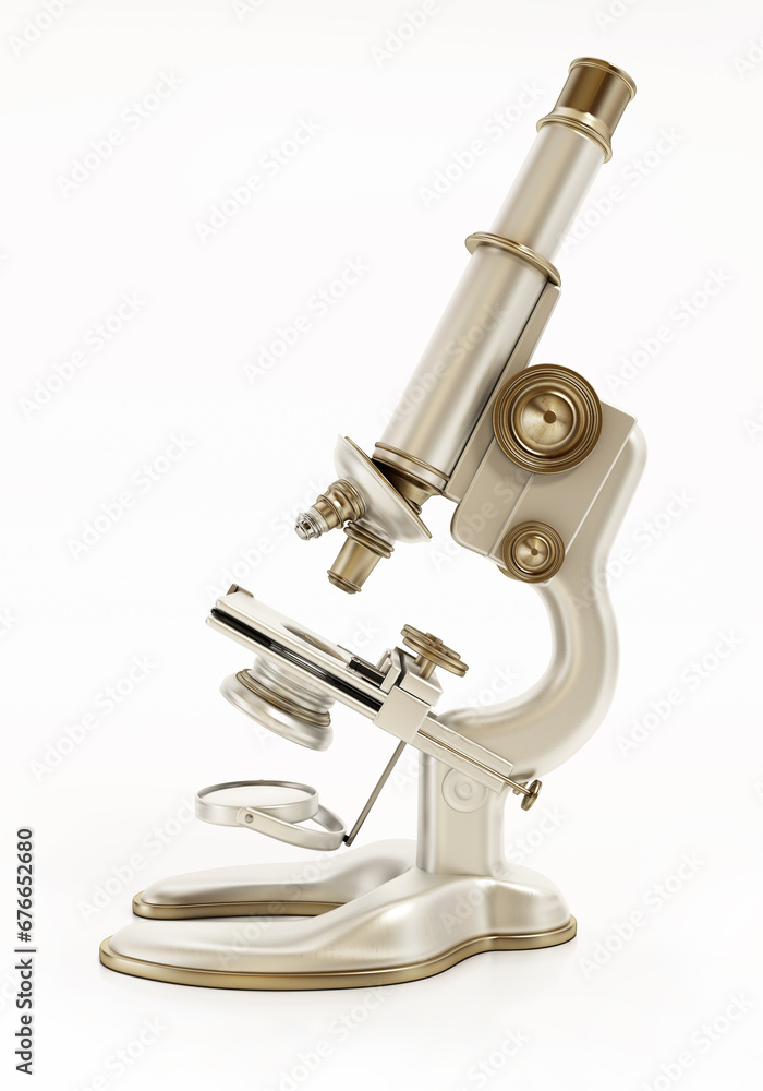 Antique brass and iron microscope isolated on white background. 3D illustration Antique brass and iron microscope isolated on white background. 3D illustration