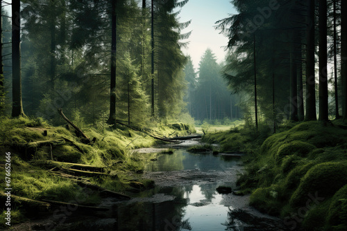 Forest in the morning with beautiful sun light for wallpaper  zoom meeting background and background