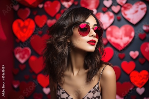 Valentine's day. Portrait of beautiful young woman in sunglasses on red background with hearts.