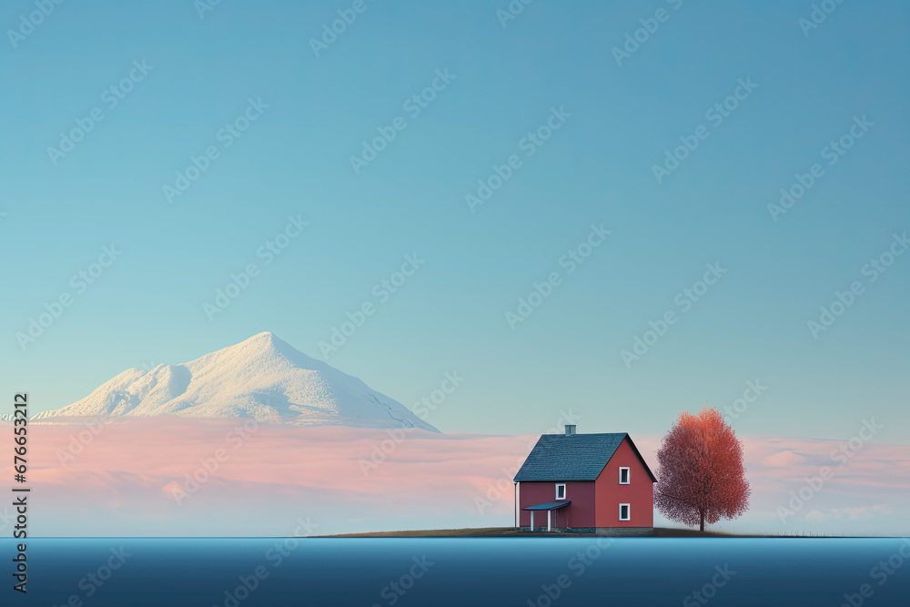 A landscape view of an isolated house on the mountain 