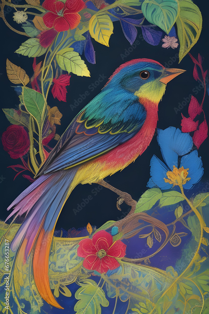 Fototapeta premium painted bunting silk tapestry embroidery, bird art digital