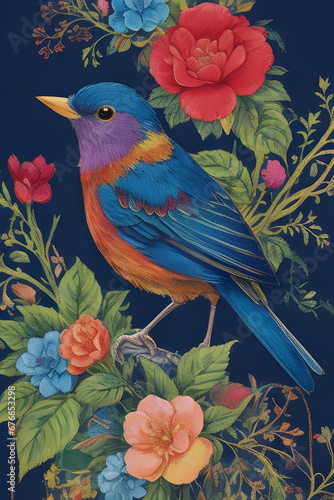 painted bunting silk tapestry embroidery, bird art digital