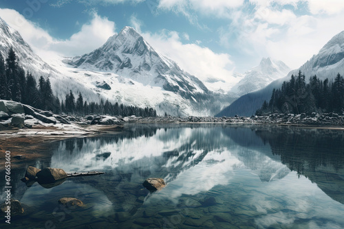 Beautiful landscape view of snowy mountains with reflection during the autumn season for wallpaper, background and zoom meeting background © grey
