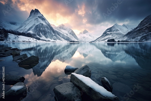 Beautiful landscape view of snowy mountains with reflection during the autumn season for wallpaper, background and zoom meeting background © grey