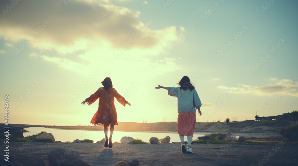 Fototapeta premium 海に向かって走る女性たち