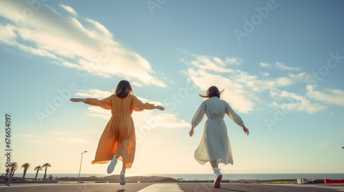 海に向かって走る女性たち