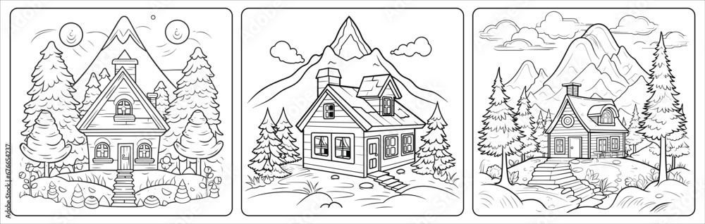 Cute house trees and mountains coloring page for kids
