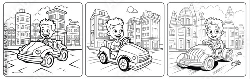 City fun cartoon man driving a car and buildings coloring page for kids