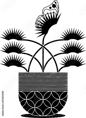 Black and White Drawing of a Potted Plant with a Butterfly on Top