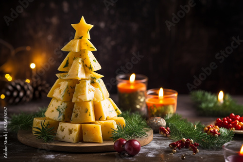 Cheese board on background of stylish christmas fir branches and candles