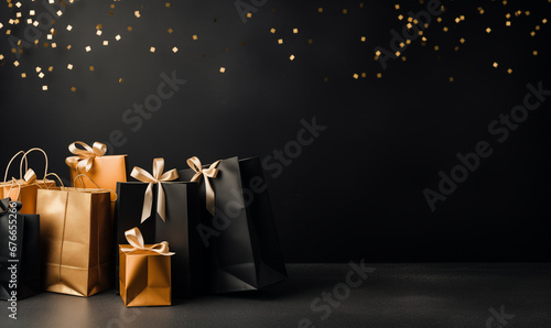 Gift bags and boxes wrapped in yellow paper on black background with copyspace