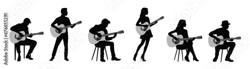 Man and woman playing guitar, woman guitarist silhouette vector Illustration