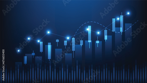 Financial business statistics with bar graph and candlestick chart show stock market price on dark blue background
