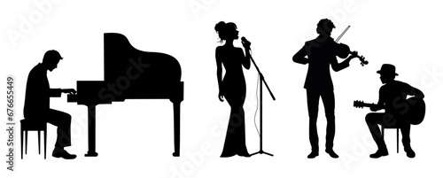 Music band with woman singer singing, man playing guitar, woman playing piano and pianist