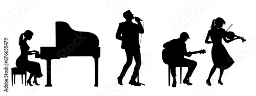 Music band with man singer singing, man playing guitar, woman playing piano and pianist