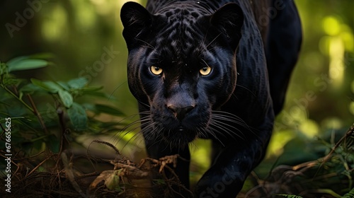 black panther in the forest facing the camera