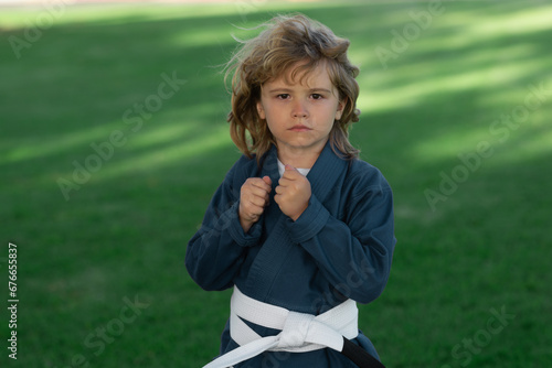 Kid boy practicing martial arts outdoor. Sport karate kids. Little boy wearing kimono doing karate in park. Child training martial arts. Little martial arts fighter. Martial arts for kids.