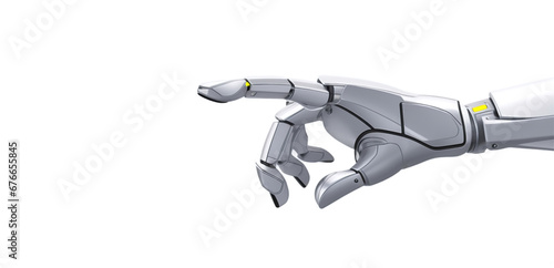 Metallized robot hand with outstretched index finger on white background. AI generative.