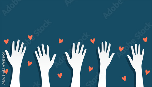 papercut volunteers group raising hand up with love heart