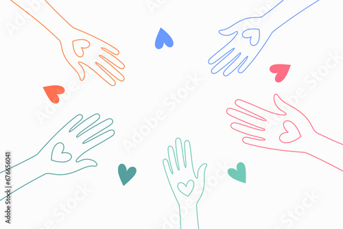line style colorful volunteers group joining hand together banner design