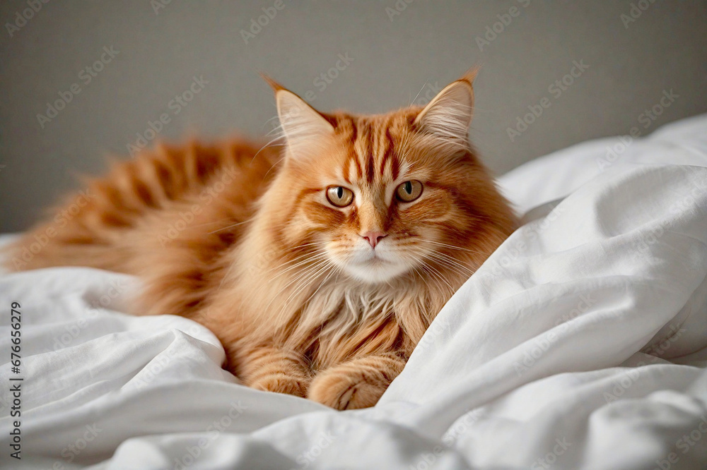 Gorgeous red Siberian cat lying on a bed