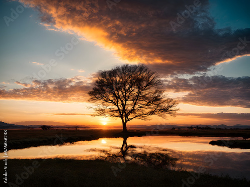 A silhouette of a lonely tree