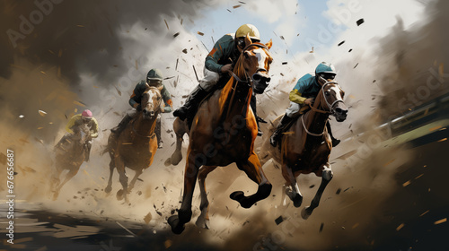 A dynamic spectacle of race horses and jockeys in heated competition, viewed head-on as they thunder down the racetrack